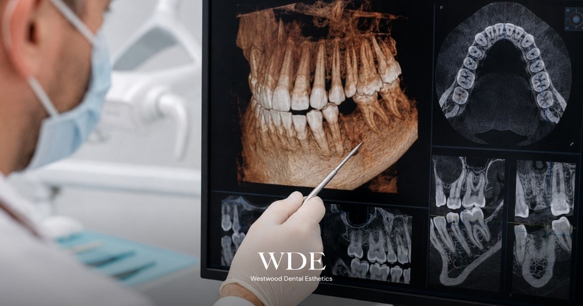 Dentist reviewing a 3D CBCT scan to evaluate bone structure, tooth position, and surrounding anatomy before recommending a dental bridge or implant.