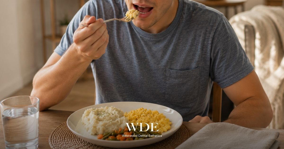 Person eating a soft meal during wisdom teeth recovery, illustrating the gradual return to regular foods after tooth extraction.
