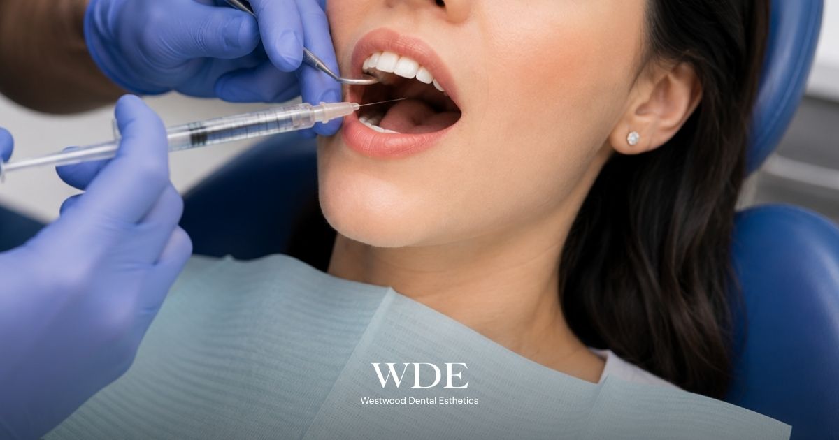 Patient receiving local anesthesia before root canal treatment to numb the tooth before the procedure begins.