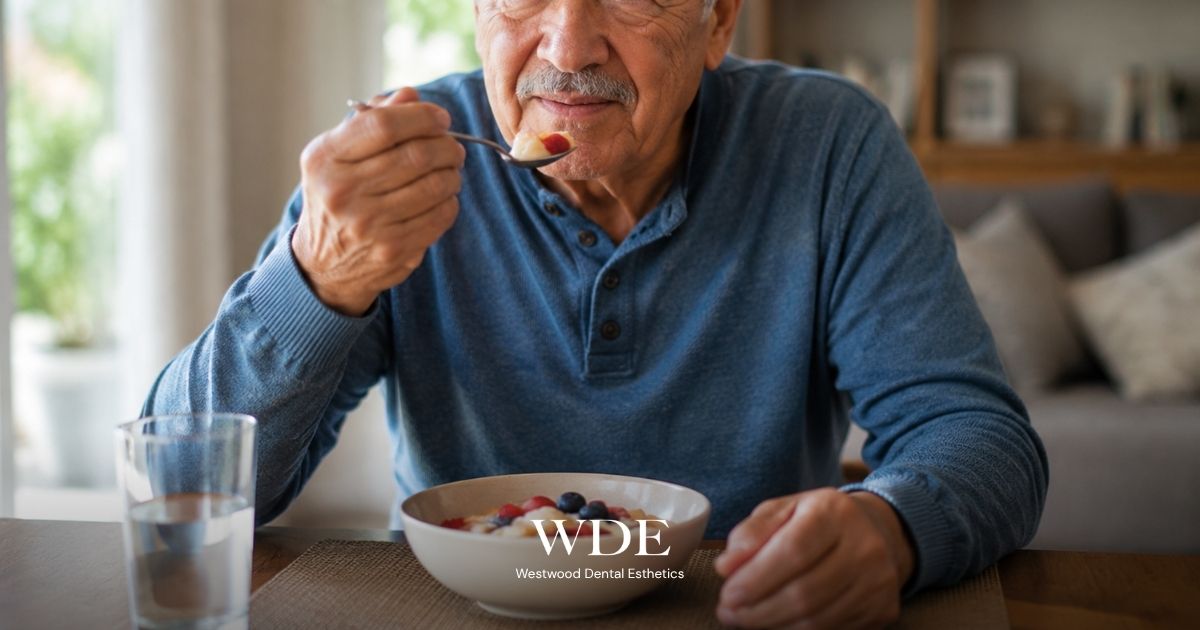 Older adult eating a meal with a spoon, illustrating the process of adjusting to new eating and chewing habits with dentures.