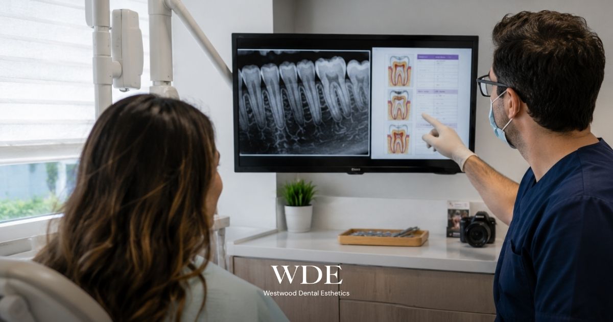 Dentist reviewing a dental X-ray and root canal diagrams with a patient to explain the treatment plan and expected number of appointments.
