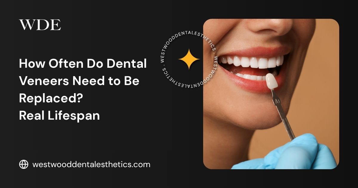 Dental veneer shade matching during an evaluation of a patient’s smile and existing cosmetic restorations.
