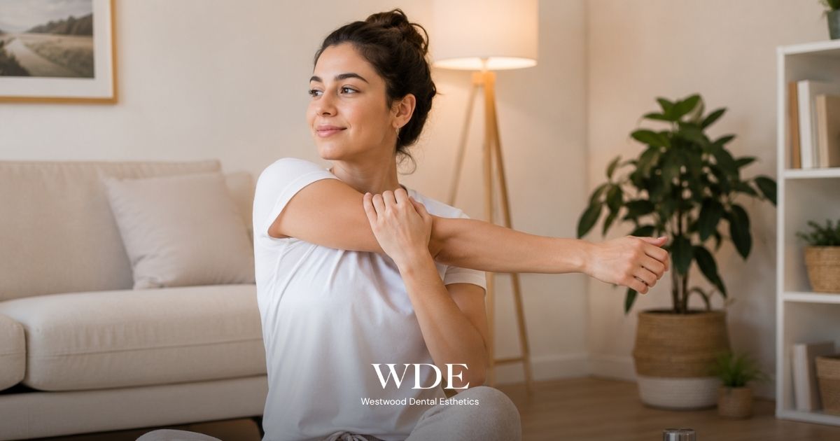 Person performing gentle stretching at home while gradually resuming physical activity during wisdom teeth recovery.