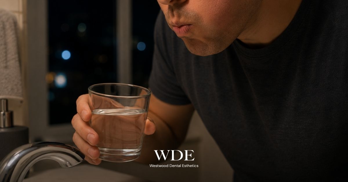 What to Do If You Crack a Tooth at Night: Step-by-Step Emergency Guide 3 Man rinsing his mouth with water at night after damaging a tooth, as a temporary first-aid measure before dental care.