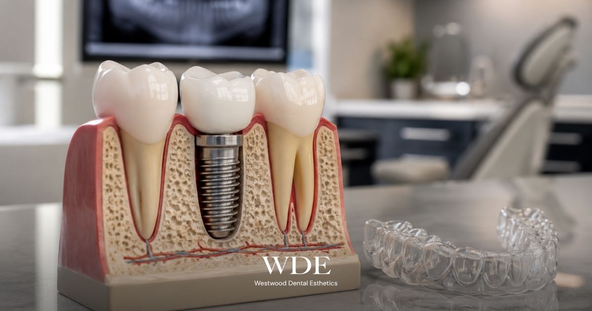 Dental implant model with an implant-supported crown beside a clear aligner, illustrating Invisalign treatment considerations for dental implants.