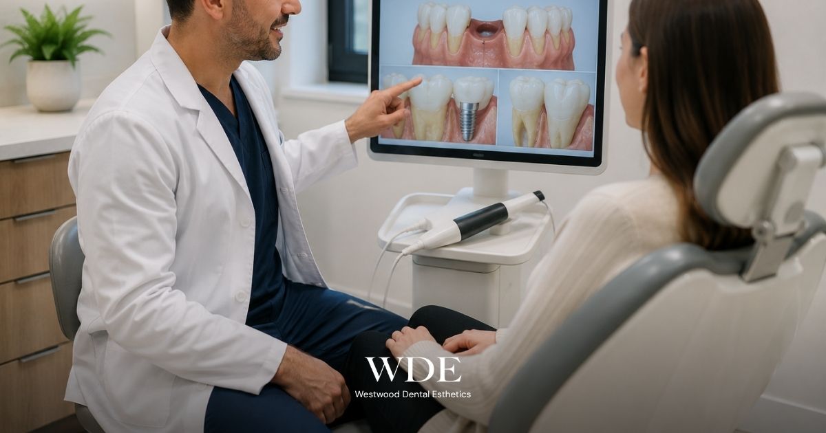 Dentist explaining the treatment stages of a dental bridge and dental implant using digital images during a patient consultation.