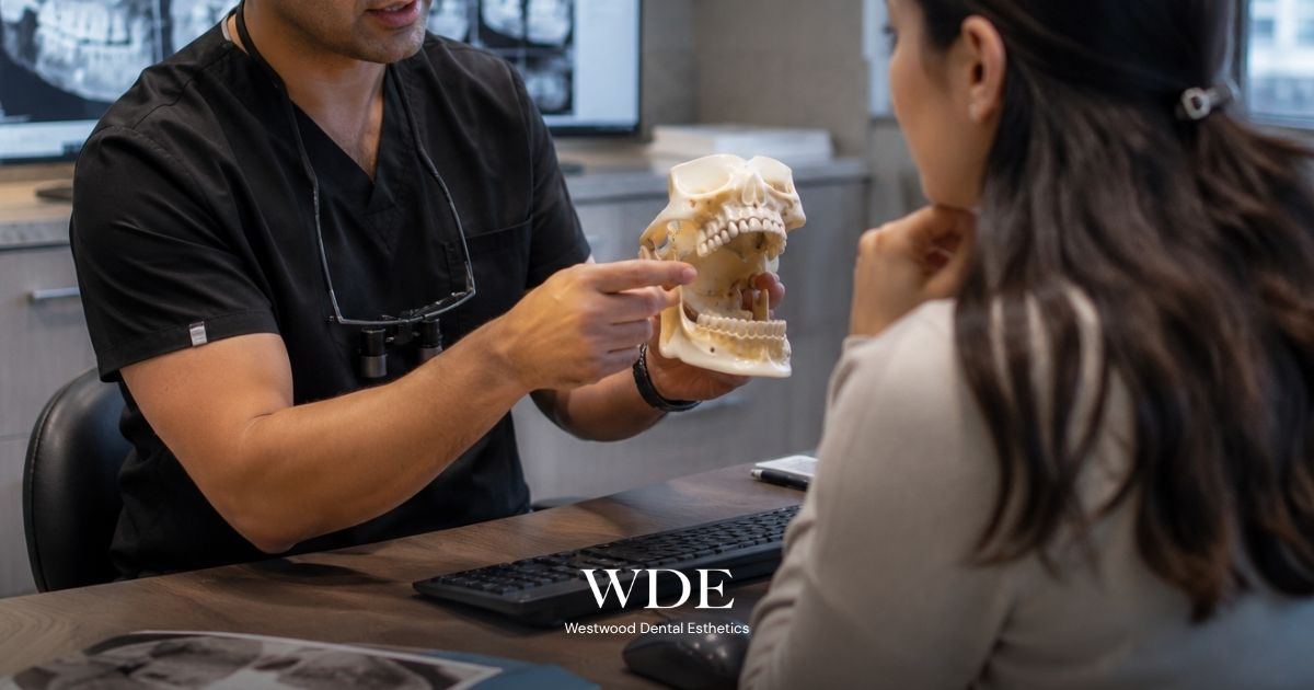 Dentist discussing TMJ concerns and personalized treatment options with a patient using a jaw model.