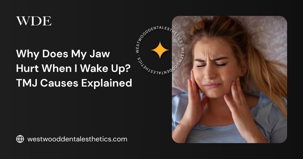 Woman holding both sides of her jaw after waking up, illustrating morning jaw pain and common TMJ disorder symptoms.