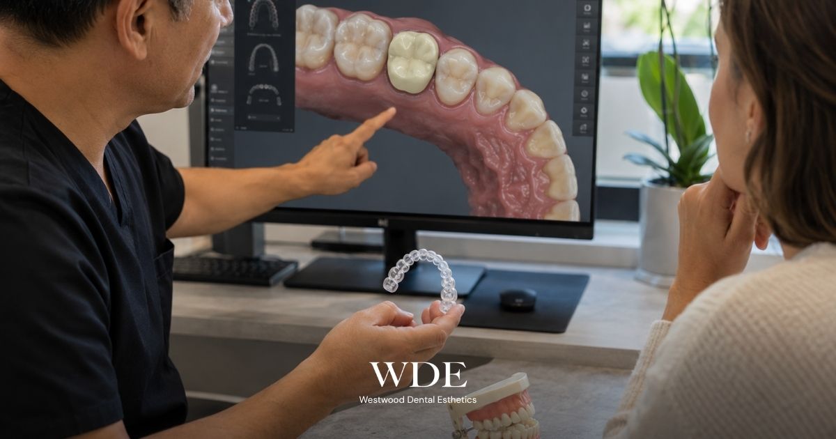 Dentist reviewing a digital tooth scan with a patient while holding a clear aligner to discuss Invisalign treatment for teeth with dental crowns.